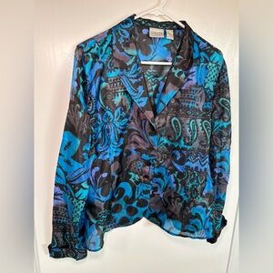100% Silk Chico’s Women’s Blouse Size 1 Blue And Black Collared Spring Summer